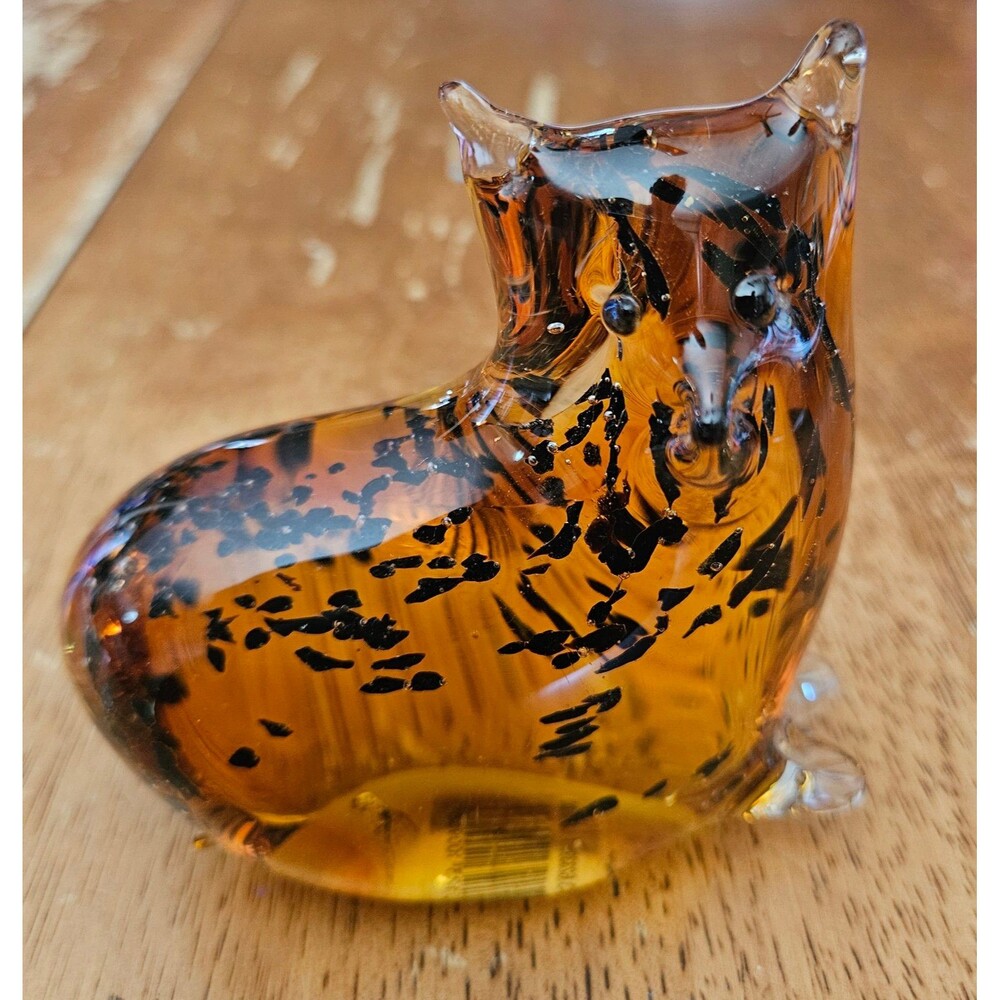 Vintage Rare Hand Blown Glass Animal Cat Amber & Black Abstract Art Paperweight